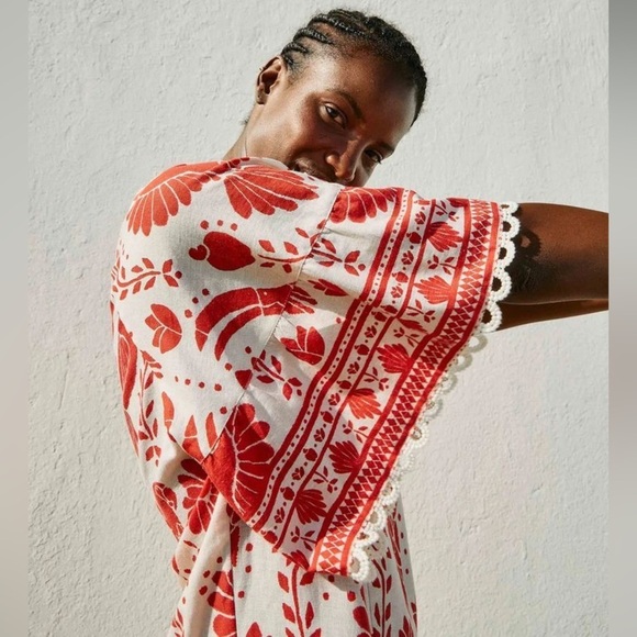 Farm Rio Jungle Flow Belted Mini Dress Red/ Cream Linen, Small - Picture 3 of 16